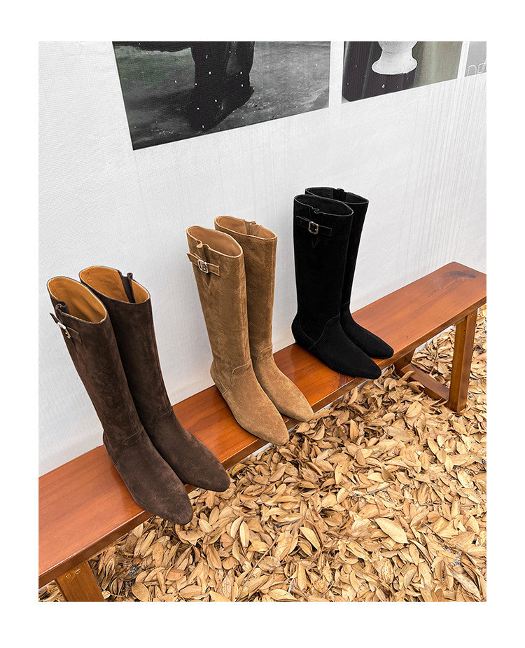 Karin Luna In Stock Spot Goods Vintage Cowhide Leather Chunky Heel Height Increasing Long Boots