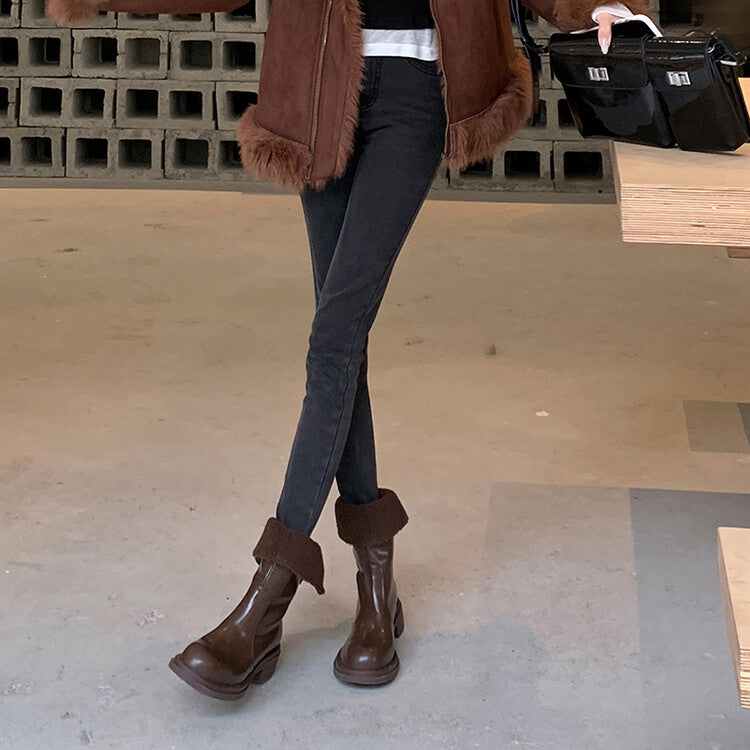 Karin Luna Classic Basic Style   Convertible Foldable Hidden Buckle Snow Fur Shoes Full cowhide Basic Flat Short Boots