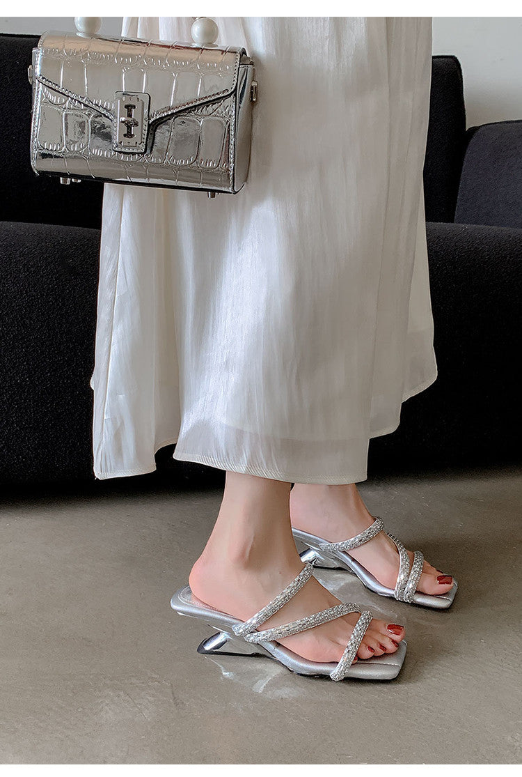 Karin Luna In Stock Spot Goods  Rhinestone One-Strap Irregular Heel Square-Toe Slippers