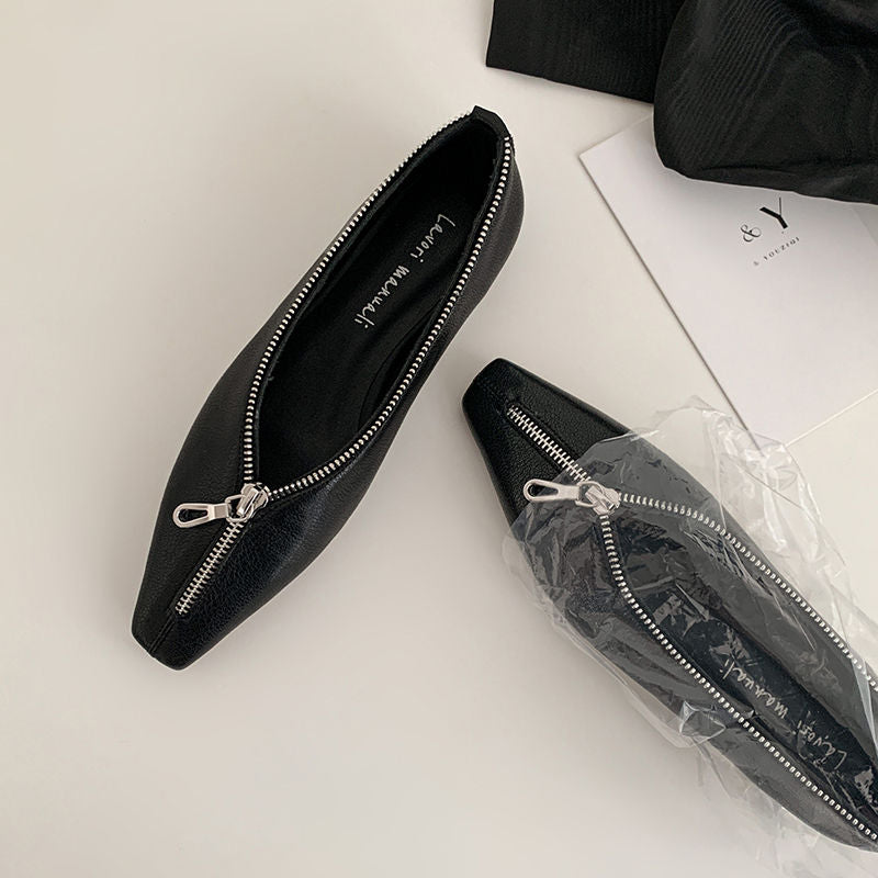 Karin Luna In Stock In Stock ~Basic Versatile Light Luxury Zipper Small Square Toe Flats