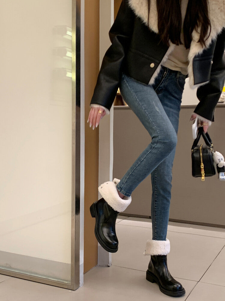 Karin Luna Classic Basic Style   Convertible Foldable Hidden Buckle Snow Fur Shoes Full cowhide Basic Flat Short Boots