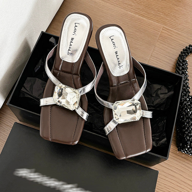 Karin Luna In Stock Spot Goods Rhinestone Square Toe Irregular Heel Slippers