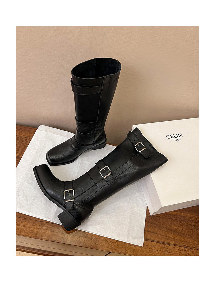 Karin Luna In Stock In Stock European and American Style Square Toe Thick Sole Belt Buckle Long Boots