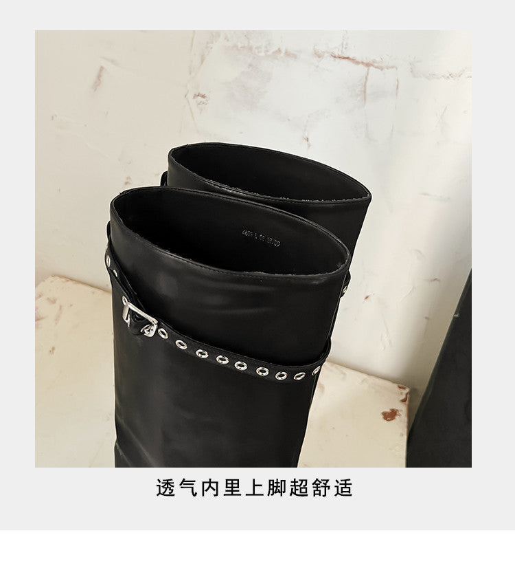Karin Luna In Stock Spot Goods Belt Buckle Color-Washed Casual Thick-Soled Bootcut Pants Boots