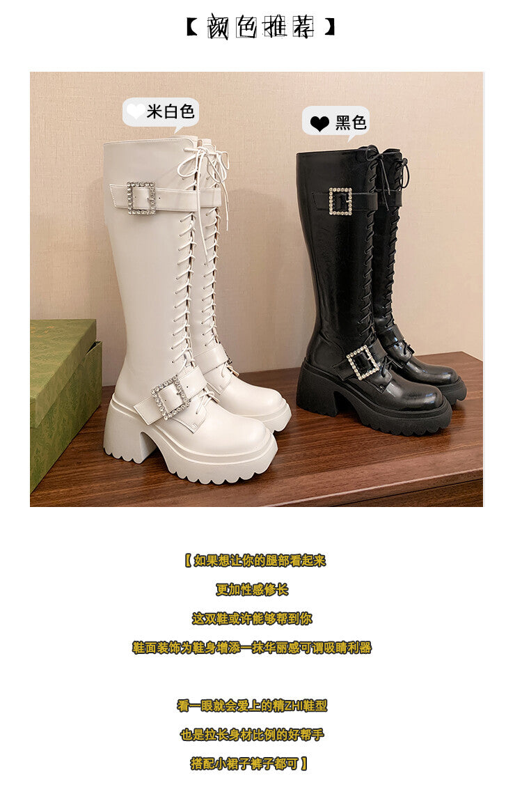 Karin Luna In Stock Spot Goods Bestselling Extended Version Rhinestone Square Buckle Thick Sole Lace-up Thick Sole Full Cowhide Knight Boots