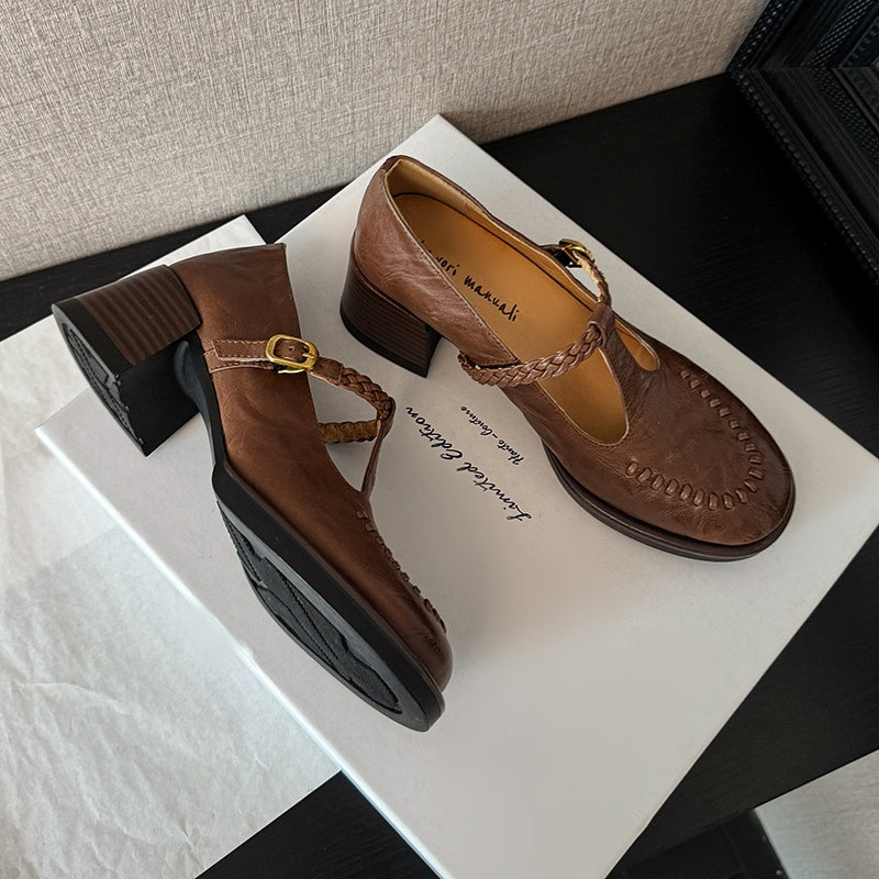 Karin Luna In Stock Spot Goods Vintage Braided Twist High Heels T Round Toe Thick Sole Single Shoes