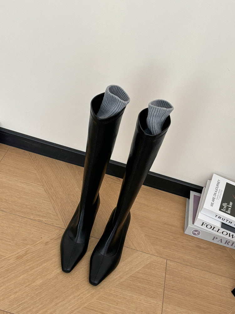 Karin Luna In Stock In Stock  Square Toe Chunky Heel Korean Style Elegant Long Boots