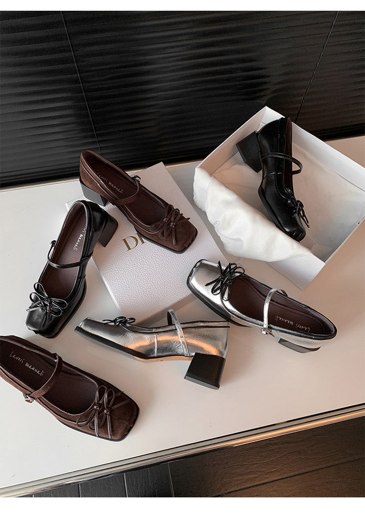 Karin Luna In Stock Spot Goods   One-strap Bowknot Square Toe Chunky Heel Mary Jane Shoes