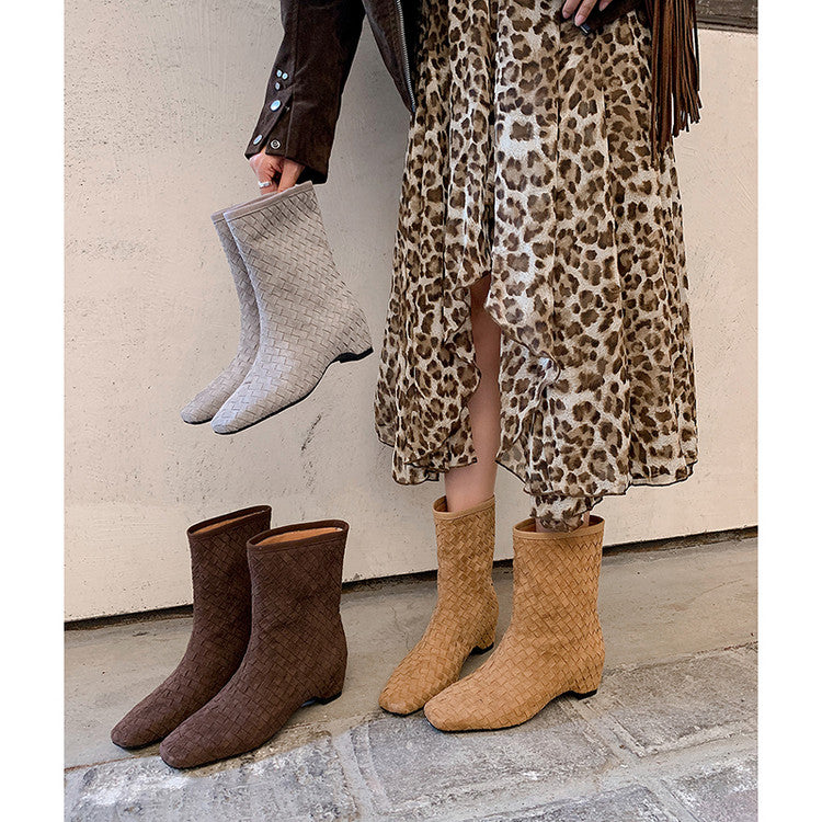 Karin Luna Handmade Woven Fabric Small Square Toe Hidden Heel Short Boots