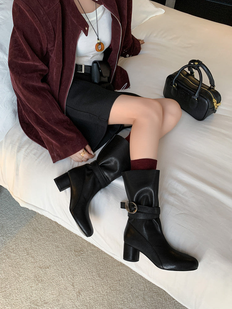 Karin Luna In Stock Spot Goods  Belt Buckle High Heel Large Tube Small Short Boots