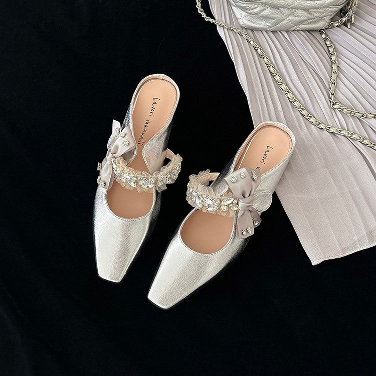 Karin Luna Handmade One-Strap Rhinestone Ribbon Square-Toe Mules