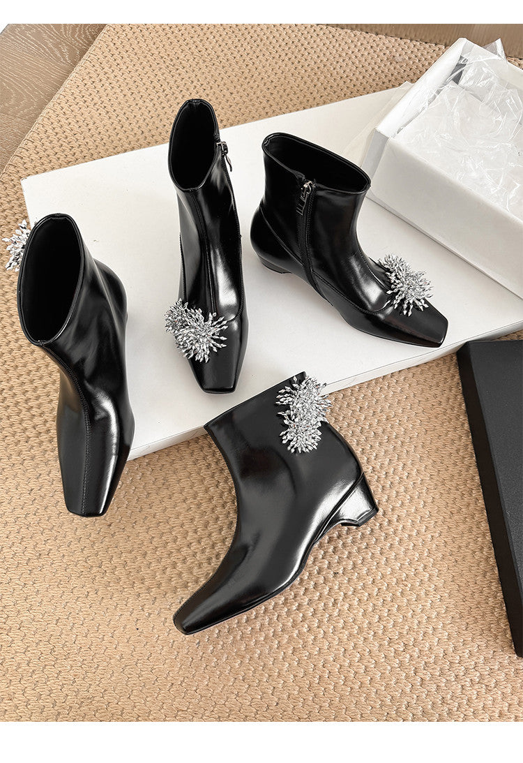 Karin Luna Elegant Style Square Toe Flower Design Height Increasing Short Boots with Two Front and Back Options