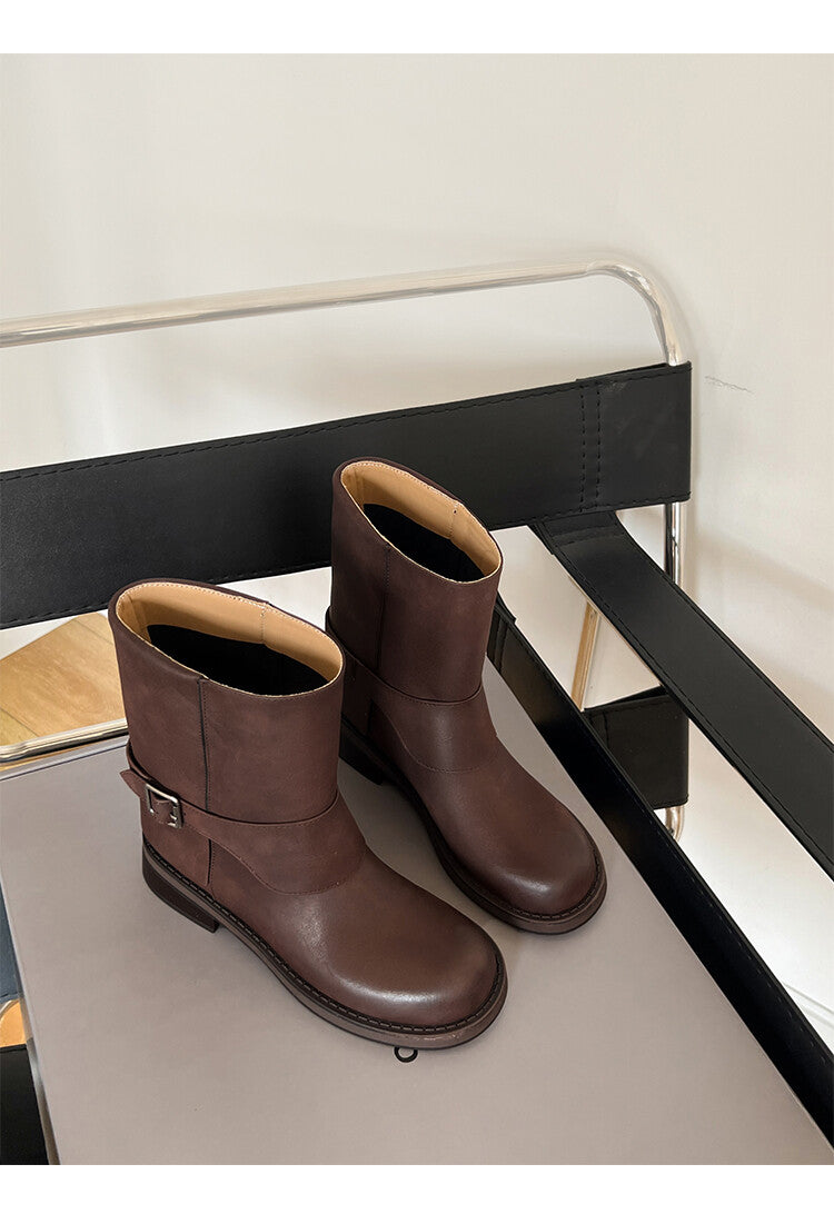 Karin Luna Belt Buckle Chunky Heel Fashion Short Boots
