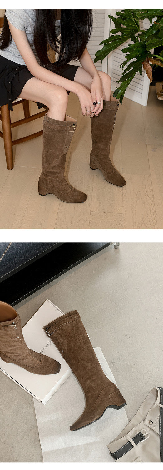 Karin Luna Belt Buckle Elegant Chunky Heel Suede Western Boots