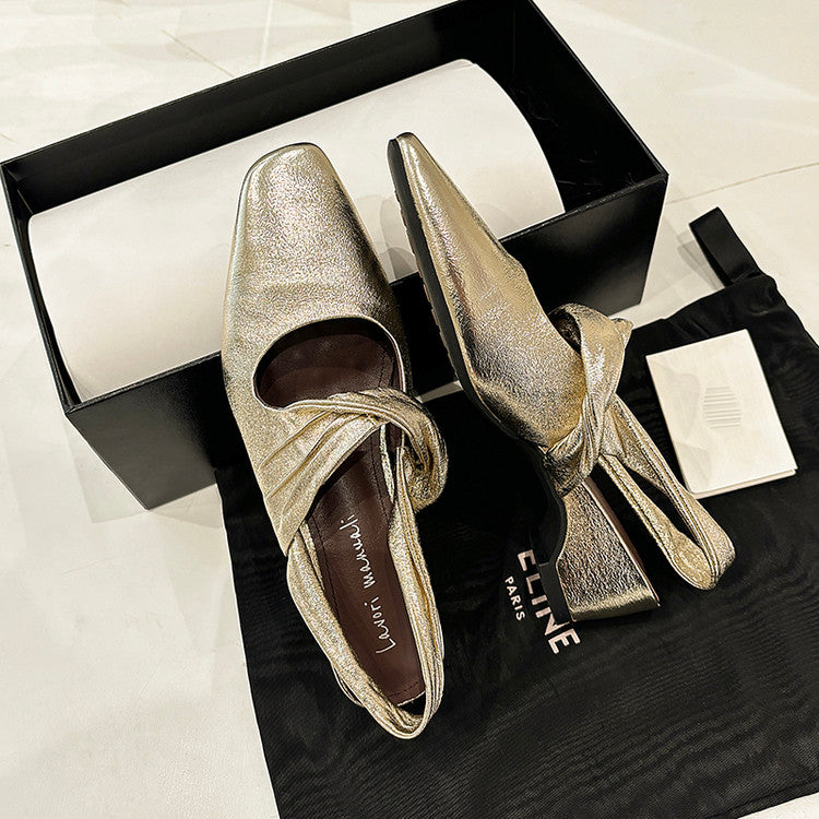Karin Luna In Stock  Spot Goods Small Square Toe Wrinkled Chunky Heel Closed-Toe Sandals