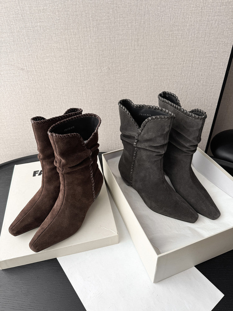 Karin Luna Small Square Toe Retro Ruched Pile Short Boots