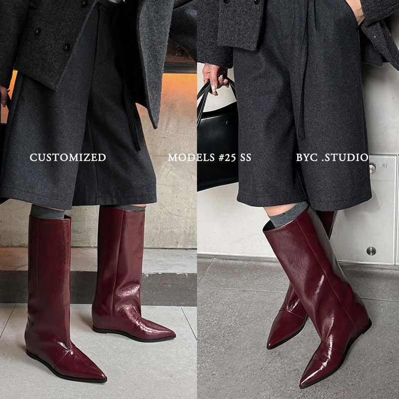 Karin Luna Elegant Style Pointed Toe Internal Height Increase Slip-On Long Boots