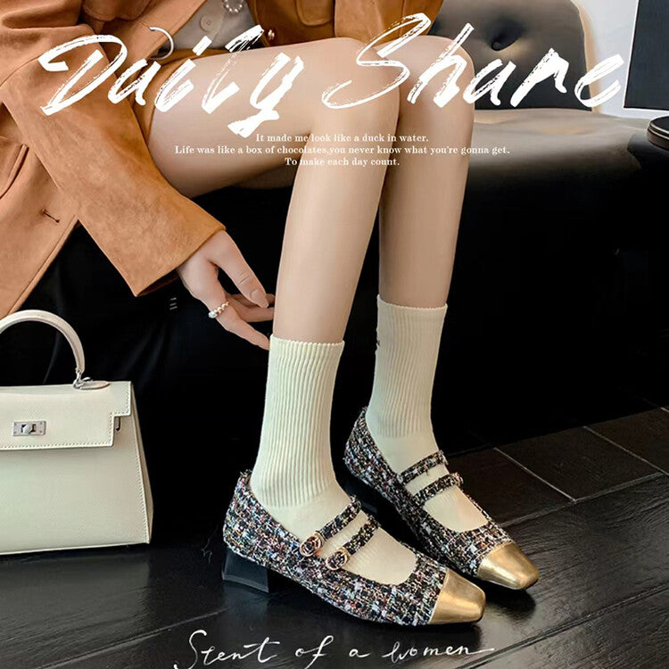 Karin Luna Classic Chanel Style~ Tweed Spring Limit Square Toe Chunky Heel Mary Jane Strap Single Shoes