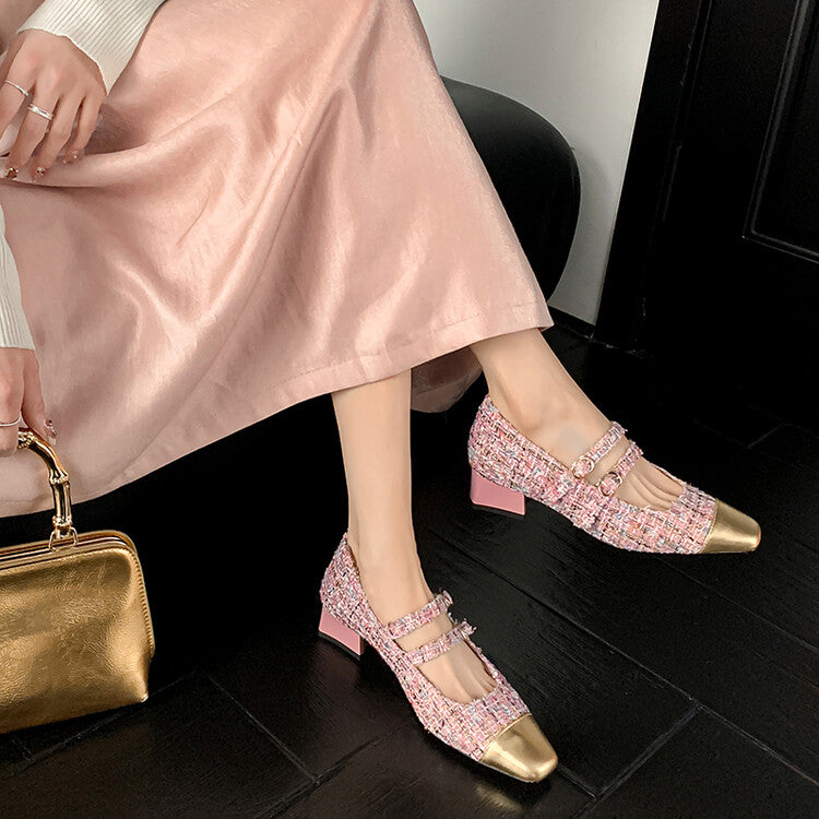 Karin Luna Classic Chanel Style~ Tweed Spring Limit Square Toe Chunky Heel Mary Jane Strap Single Shoes