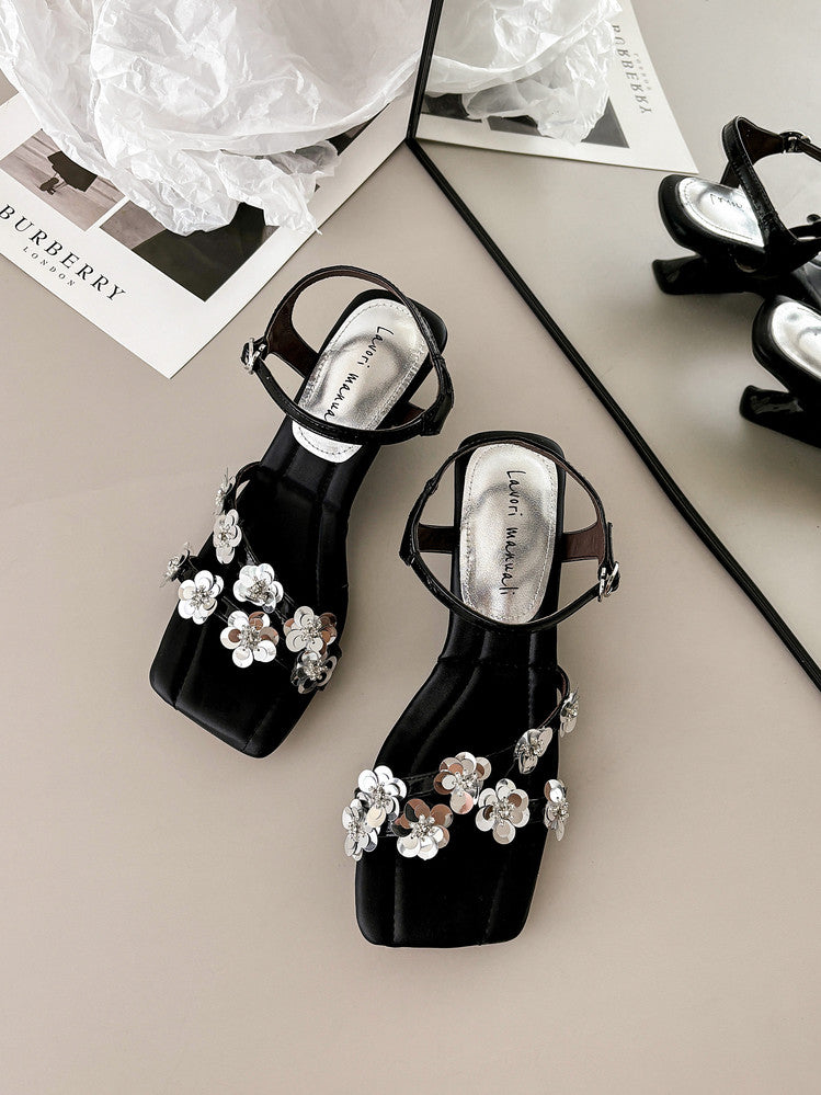 Karin Luna In Stock Spot Goods All the Best Square-Toed Sequin Flower Sandals