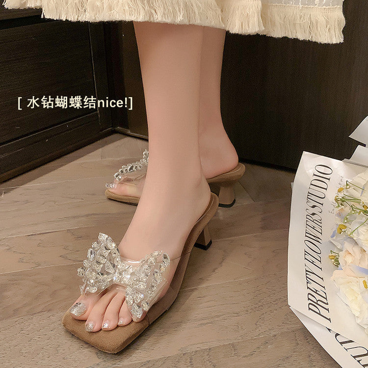 Karin Luna In Stock In Stock Transparent Bow Square Toe Suede Open Toe Sandals