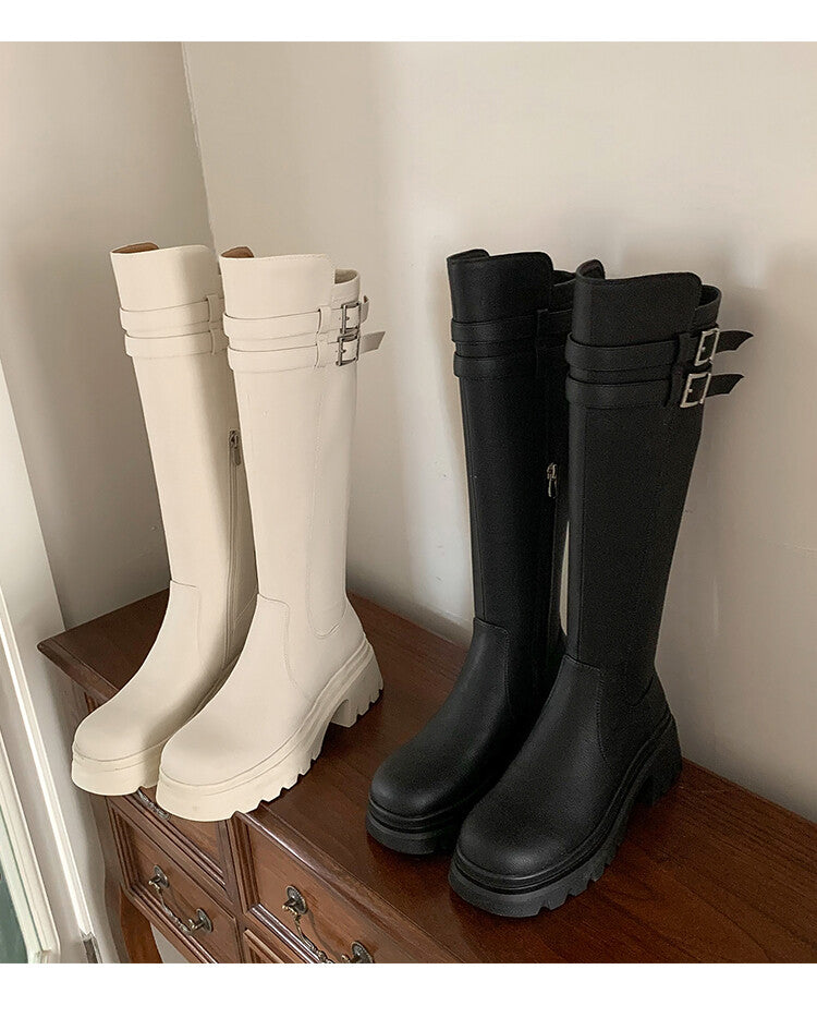 Karin Luna In Stock Best-selling in stock   Super Soft Sheepskin  Round Toe Thick Sole Vintage Belt Buckle Long Boots