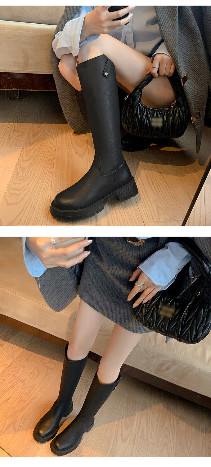 Karin Luna Hot-Selling In Stock   Basic Casual Hot-Selling Round-Toe Long Boots Full Cowhide Leather Long Boots Flat Bottom Hot Sale