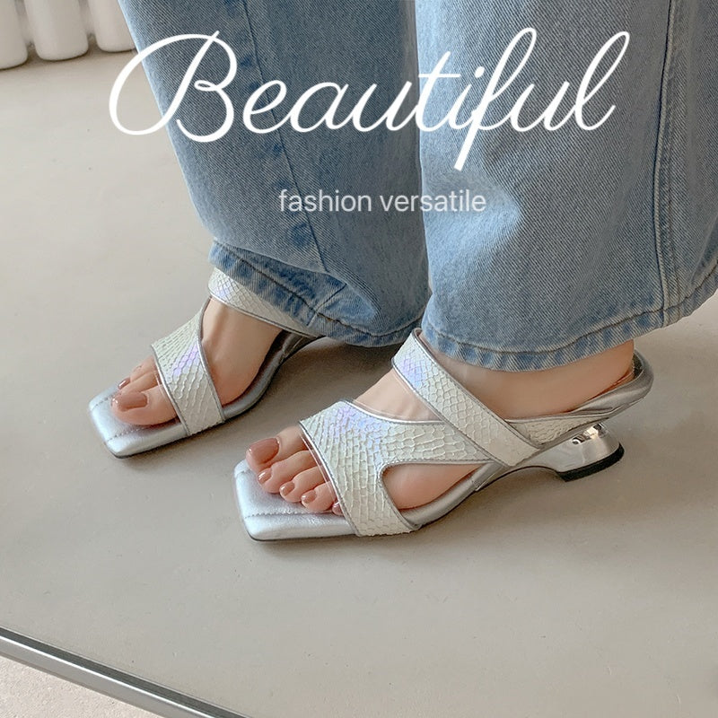 Karin Luna Fish Skin Series~Minimalist Square Toe Popular Irregular Heel Slippers