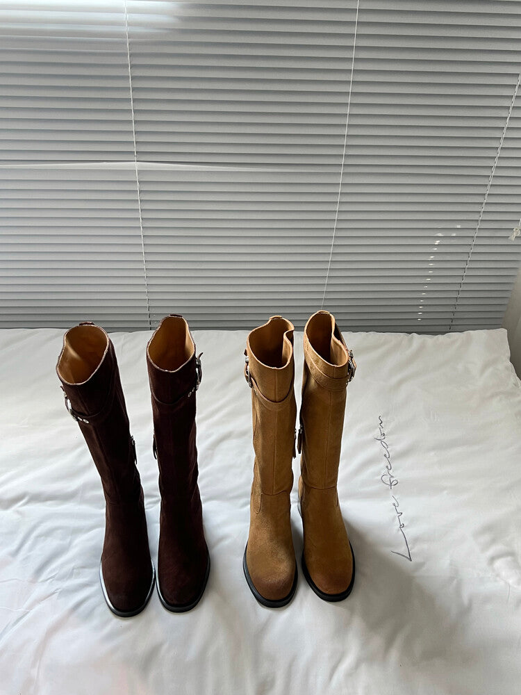 Karin Luna Chunky Heels Round Head Belt Buckle  Fashionable Suede Boots