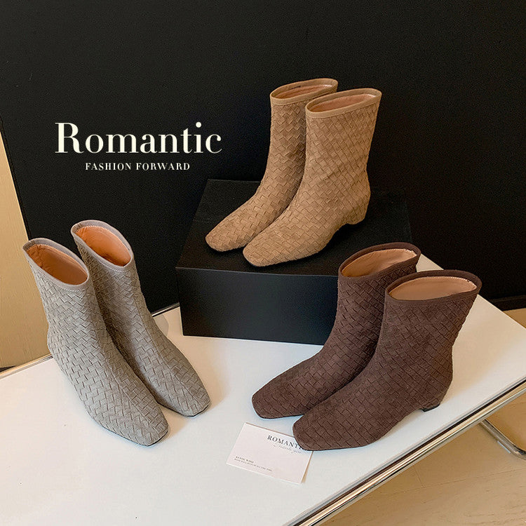 Karin Luna Handmade Woven Fabric Small Square Toe Hidden Heel Short Boots