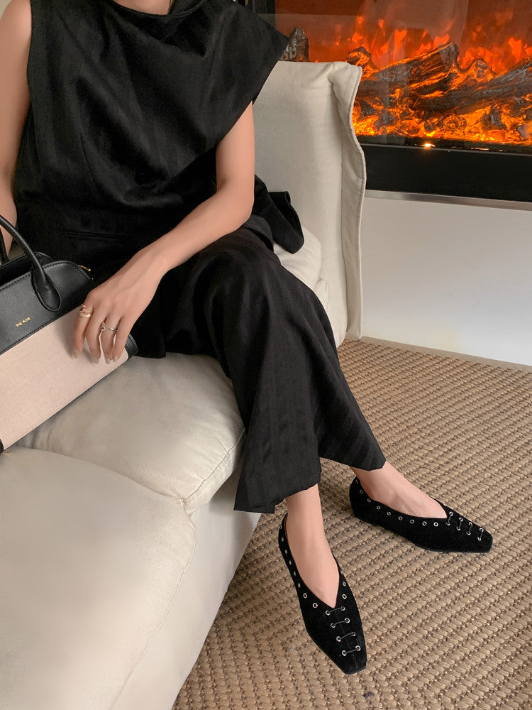 Karin Luna In Stock Spot Goods    Old Money Style Square Toe Suede Flats