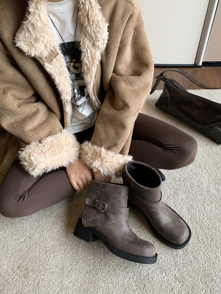 Karin Luna In Stock Spot Goods Versatile Basic Round Toe Belt Buckle Thick Sole Tube Boots