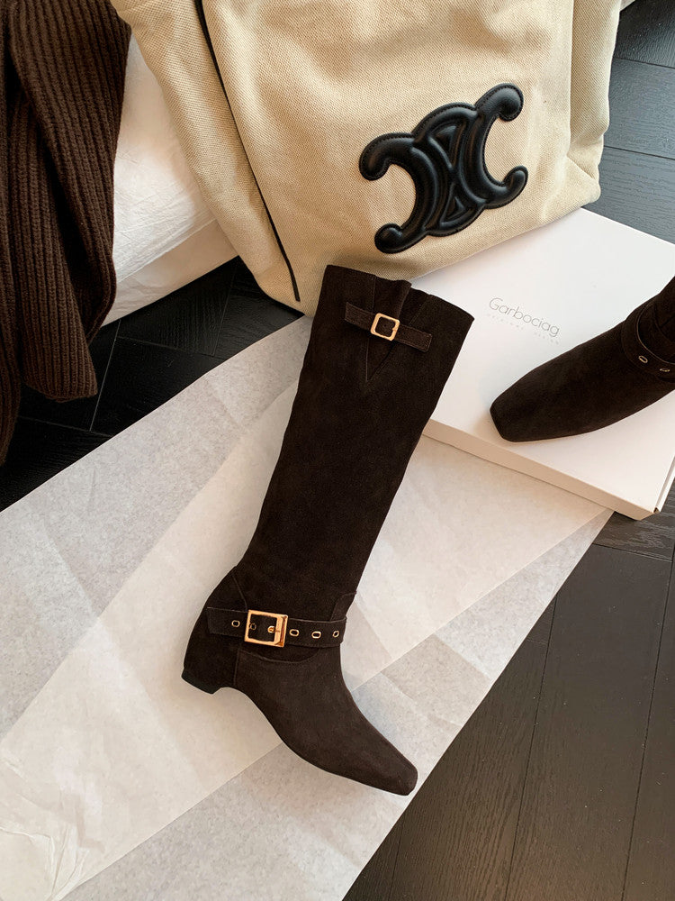 Karin Luna Data Model Belt Buckle Matte Square Toe Hidden Wedge Slouch Western Boots
