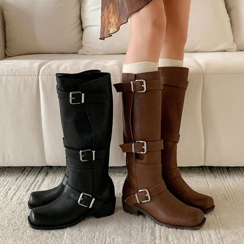 Karin Luna In Stock In Stock European and American Style Square Toe Thick Sole Belt Buckle Long Boots
