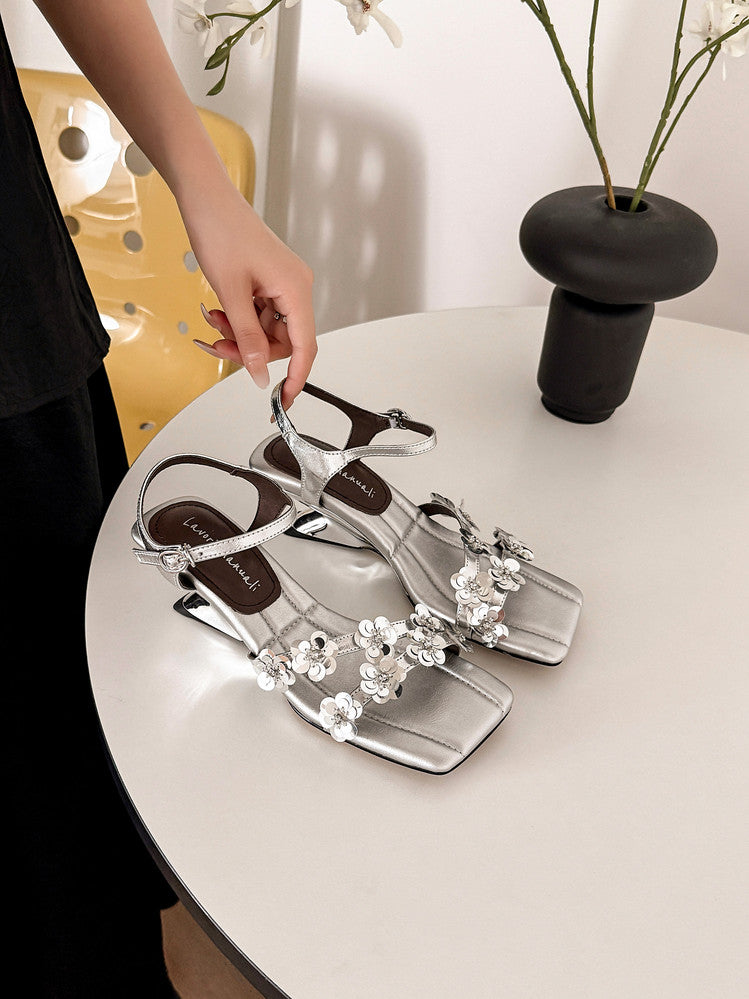 Karin Luna In Stock Spot Goods All the Best Square-Toed Sequin Flower Sandals
