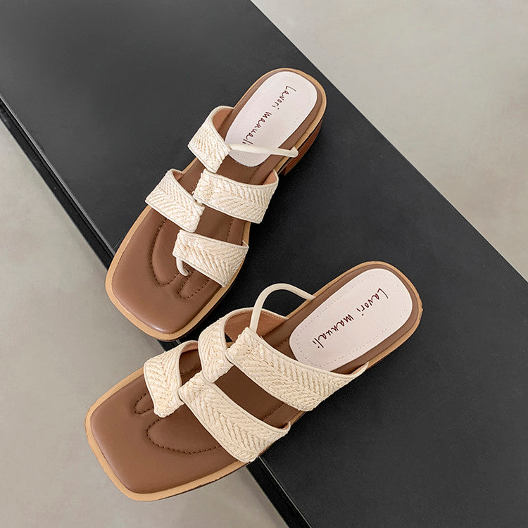 Karin Luna In Stock Spot Goods  Popular Element Woven Style Square Toe Thong Sandals