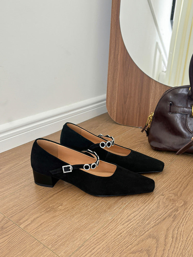 Karin Luna In Stock Spot Goods  Vintage Full Leather Square Toe Rhinestone Strap Shallow Mouth Single Shoes