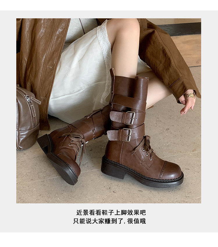 Karin Luna Bestseller Hot-Selling Large Tube Leather Belt Buckle Round Toe Thick-Soled Short Boots