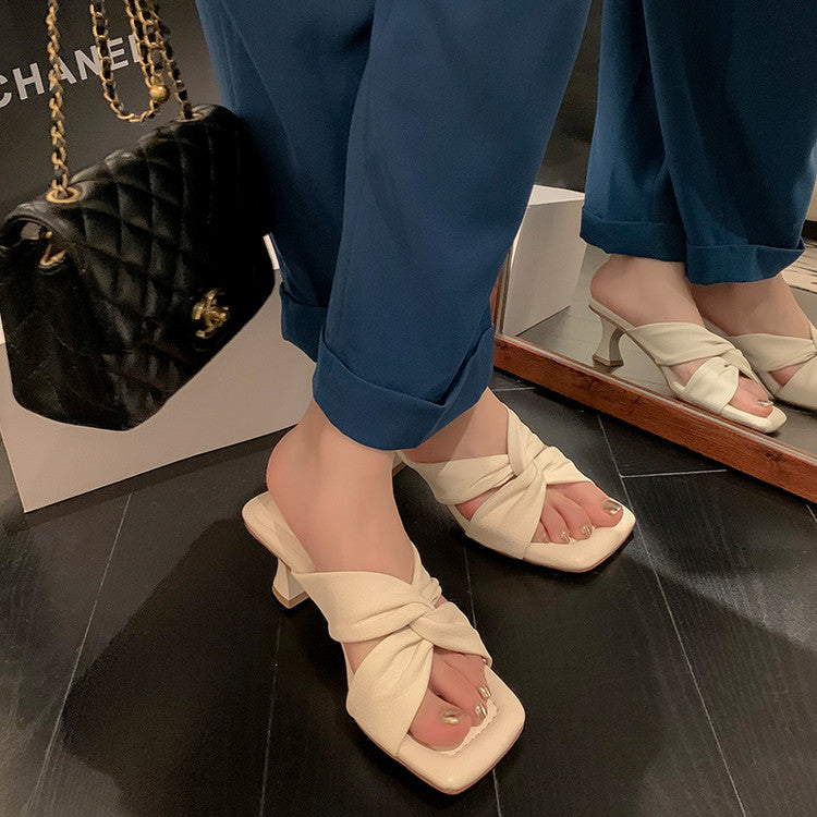 Karin Luna In Stock In Stock  Comfortable Cross Strap  Airy High Heel Square Toe Slippers