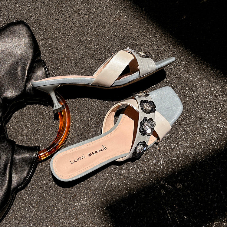 Karin Luna In Stock Spot Goods  Sequin Floral Cross Strap Square Toe Stiletto Slippers