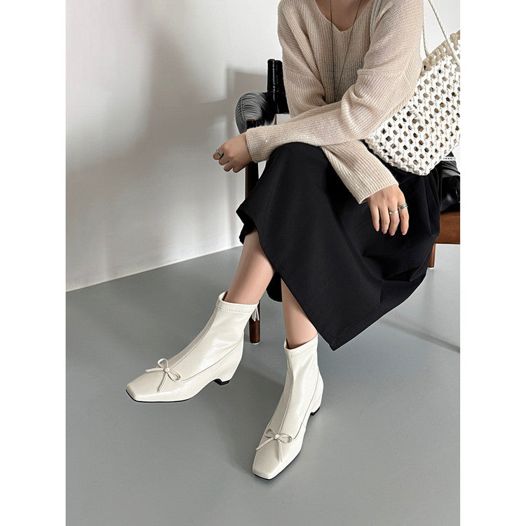 Karin Luna French Style Square Toe Bowknot Hidden Wedge Slim Boots