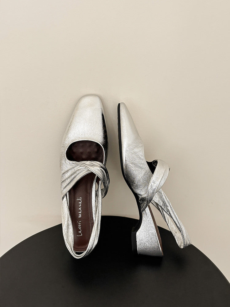 Karin Luna In Stock  Spot Goods Small Square Toe Wrinkled Chunky Heel Closed-Toe Sandals