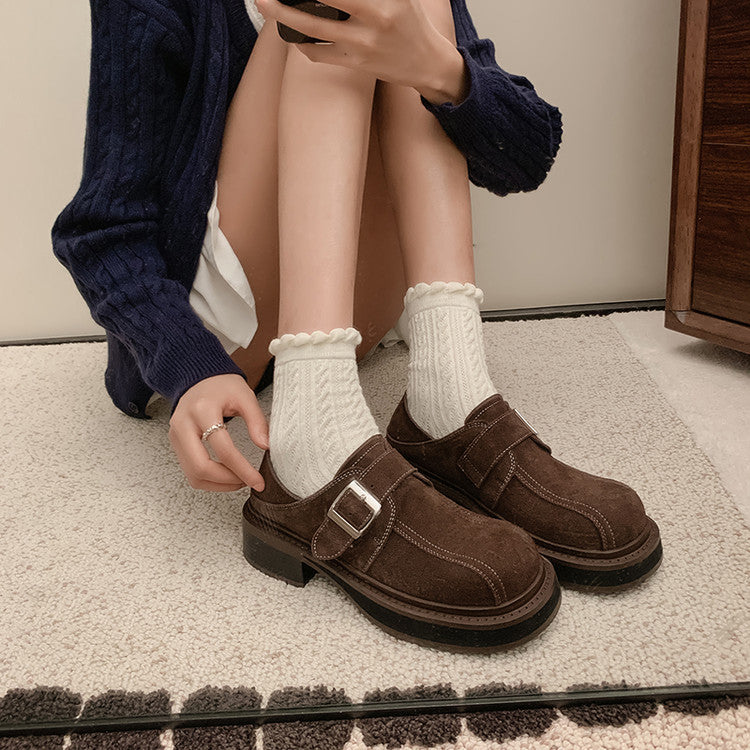 Karin Luna In Stock Spot Goods Metal Round Toe Cow Leather Thick Sole Flats