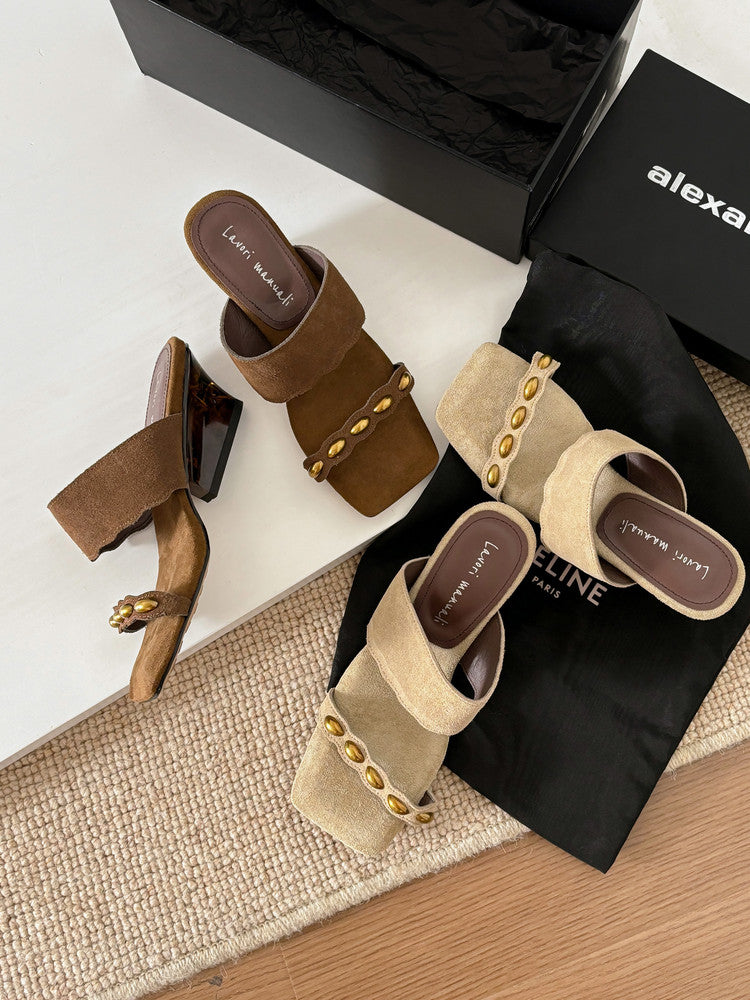 Karin Luna Hot-Selling Element Amber Heel~Spot Goods Spot Goods  Vacation Style One-Strap Amber Irregular Heel Slippers