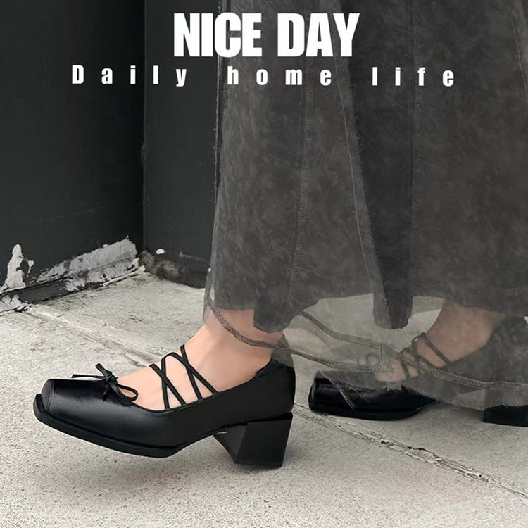 Karin Luna In Stock Spot Goods  Popular Self-flowing Bowknot Square Toe Chunky Heel Single Shoes