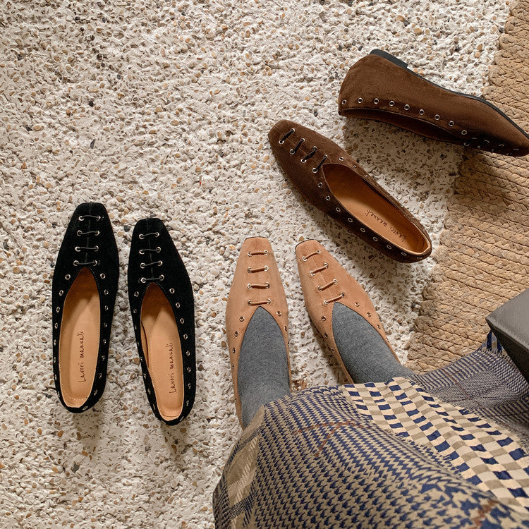 Karin Luna In Stock Spot Goods    Old Money Style Square Toe Suede Flats