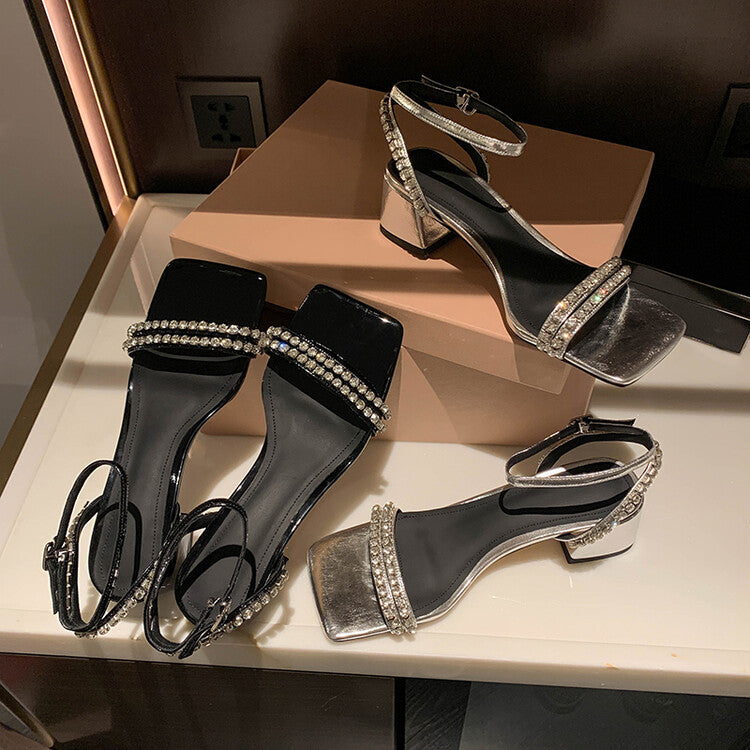 Karin Luna Classic Style   Rhinestone Strap Chunky Heel Open-Toe Sandals