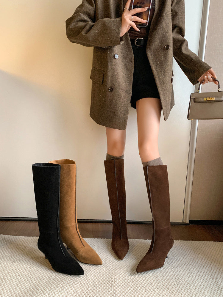 Karin Luna In Stock Spot Goods Retro Cowhide Pointed Toe Stiletto Elegant Long Boots