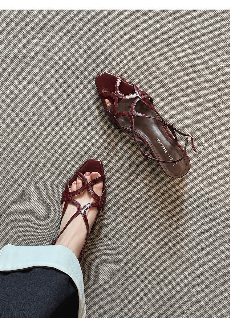 Karin Luna French Hollow Style Small Square Toe Chunky Heel Sandals