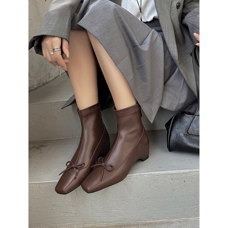 Karin Luna French Style Square Toe Bowknot Hidden Wedge Slim Boots